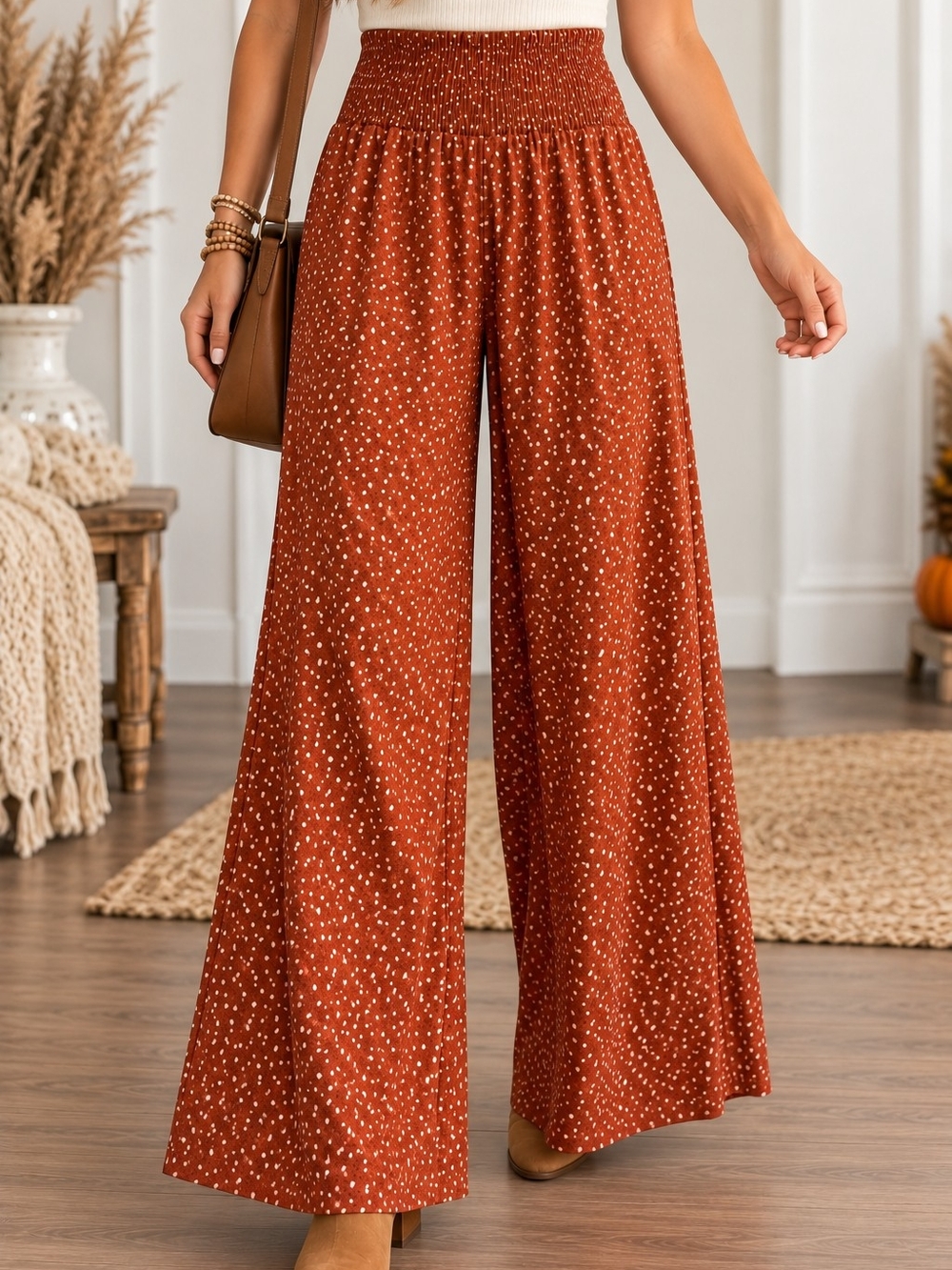 Haver & Blair Rust Polka Dot Smocked Wide Leg Pants Size Medium